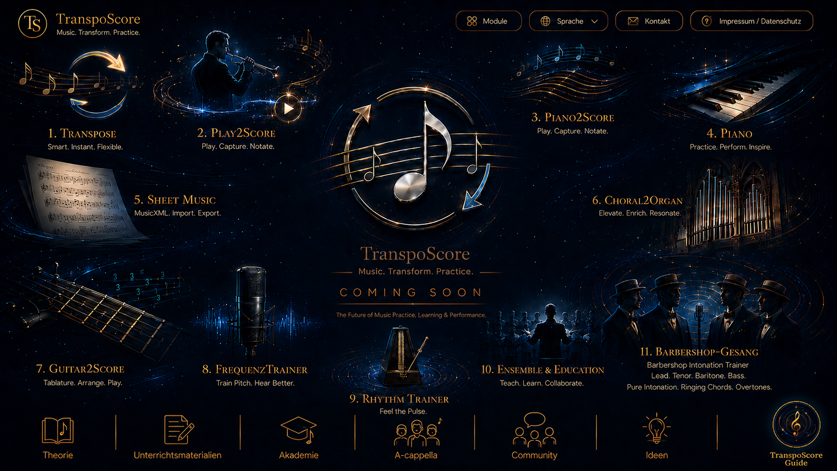 TranspoScore Coming-soon-Keyvisual mit unverändertem Hauptbild, neuer unterer Icon-Leiste und separatem TranspoScore Guide Symbol rechts unten.
